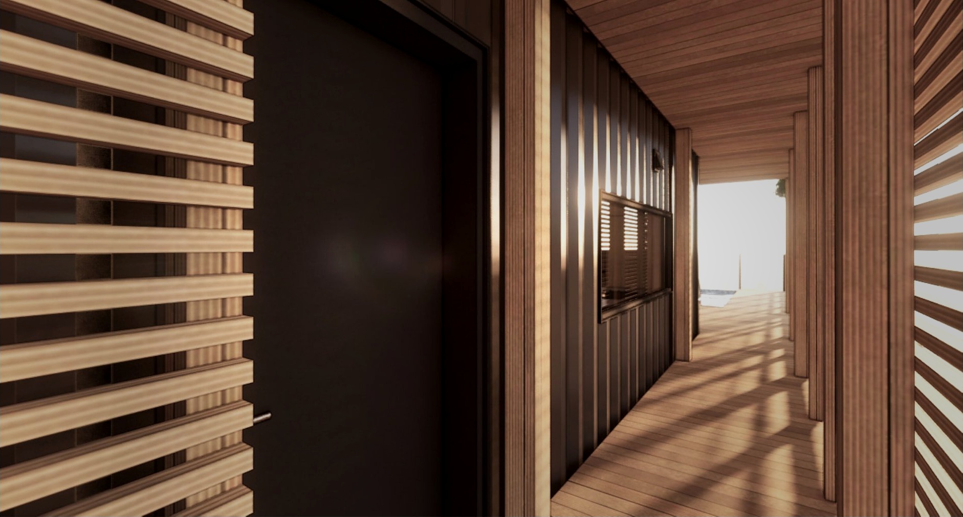 Entry breezeway connecting Honomobo modules on Maui hillside