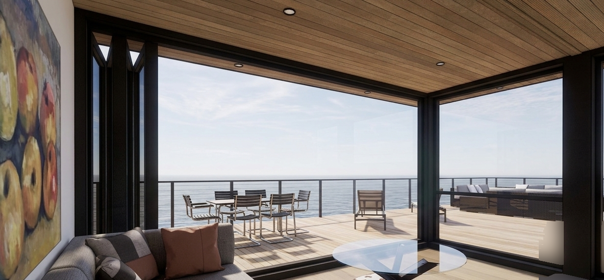 Honomobo HO5 kitchen and living area with cedar ceiling and ocean views