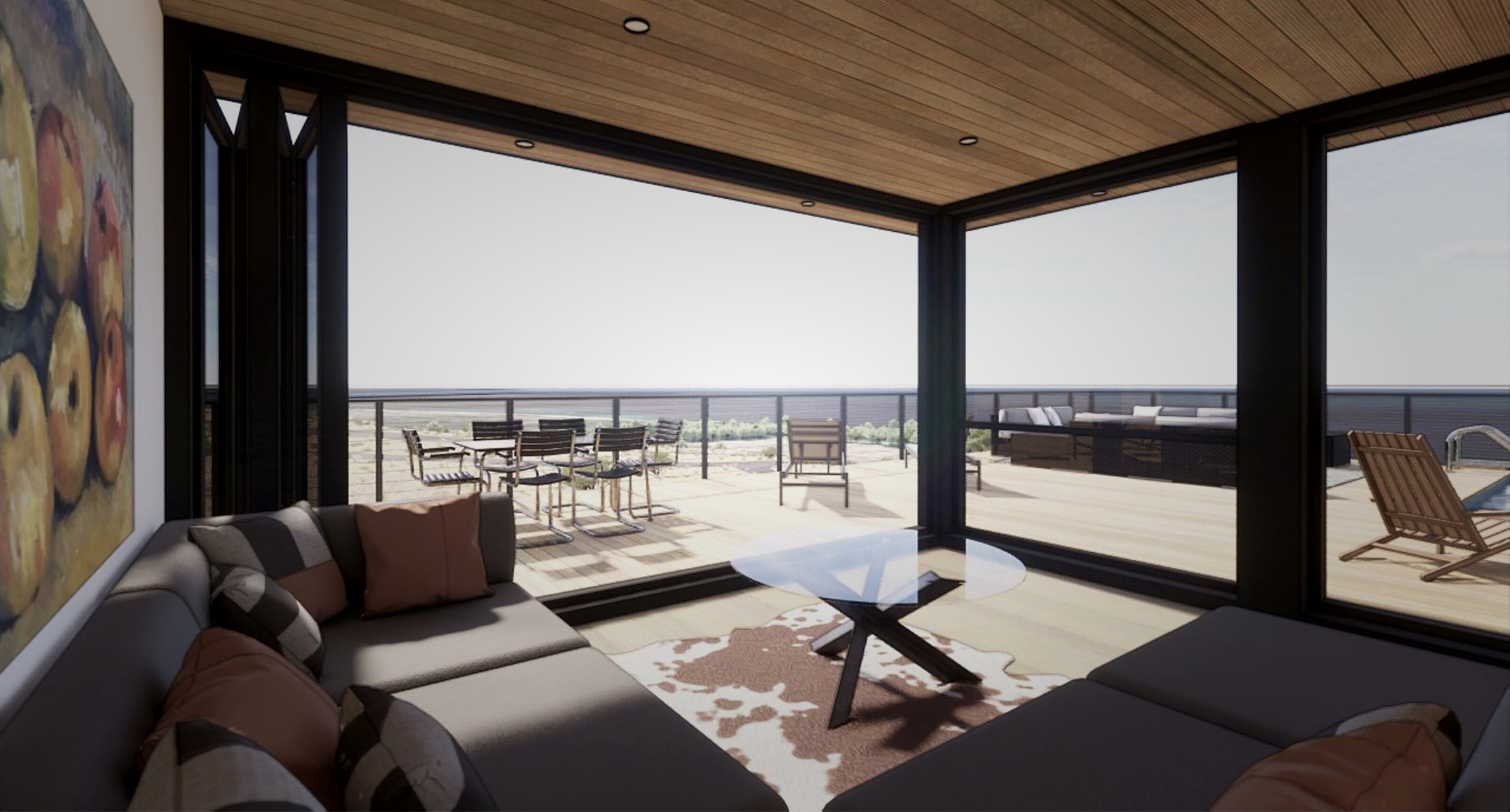 Honomobo HO5 living room with floor-to-ceiling glass and ocean views, cedar ceiling